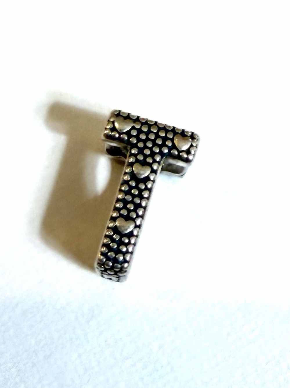 Pandora Sterling Silver Open Letter T Alphabet Charm With Heart Pattern 797474